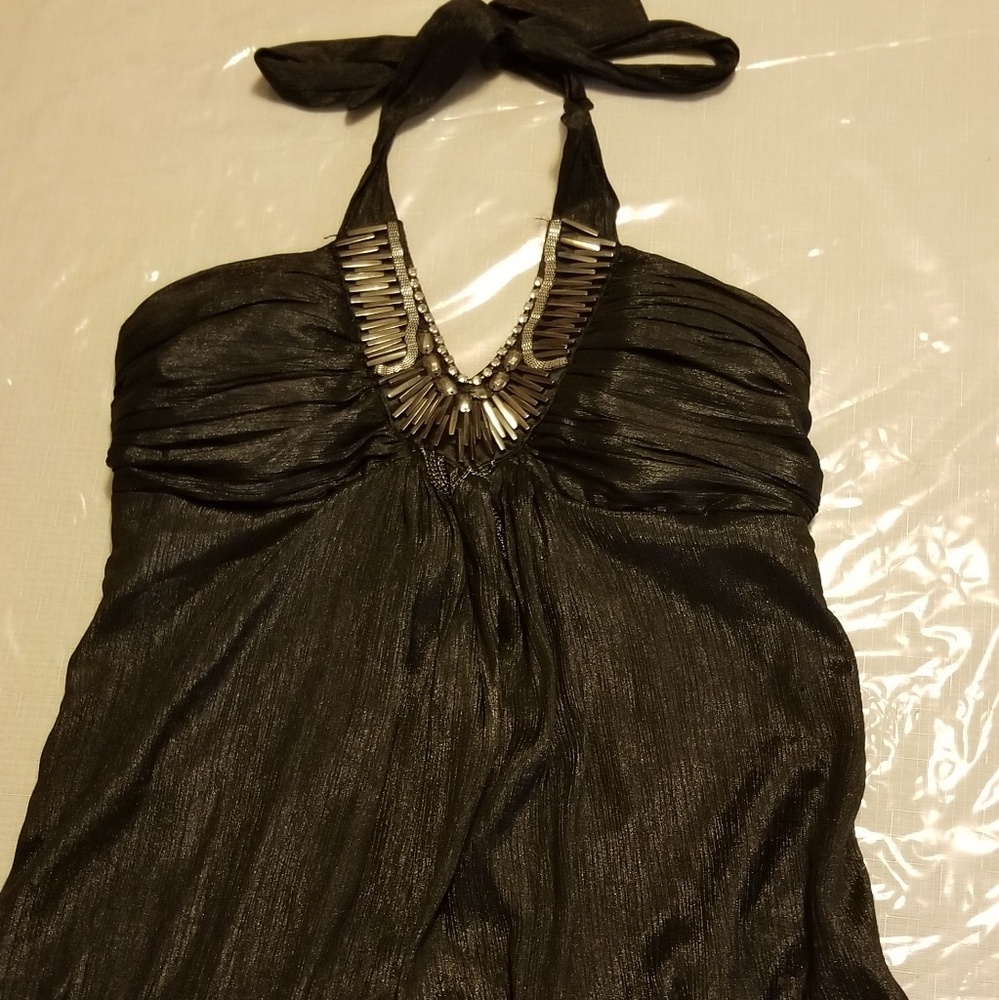 Black silky embellished halter top